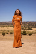 FORTUNA ORANGE - Vestido efecto lino capa incorporada
