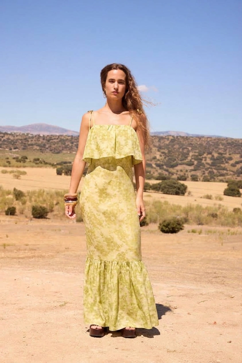 FELICITA GREEN - Vestido boho gasa transparencias florales