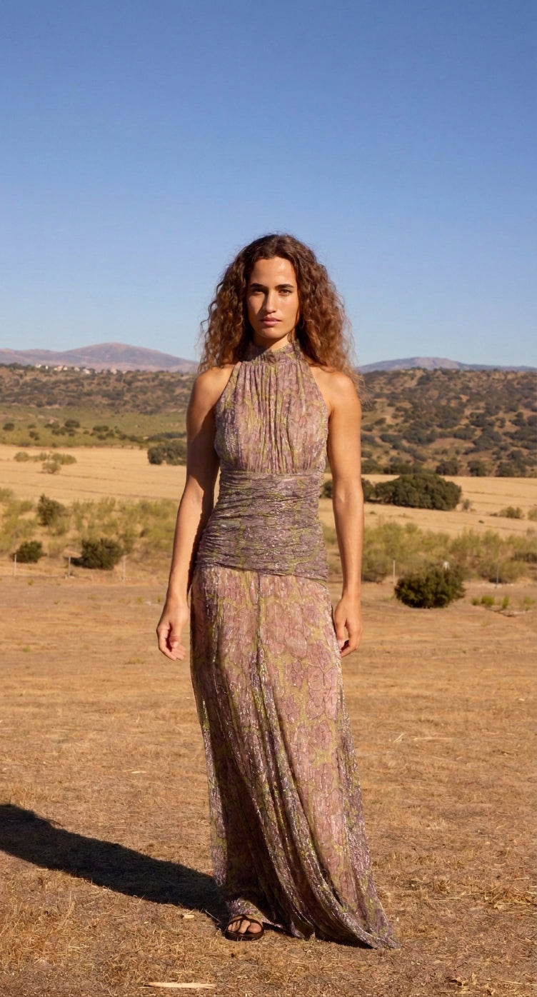 FIORELLA LUREX - Vestido lurex floral halter manga desmontable