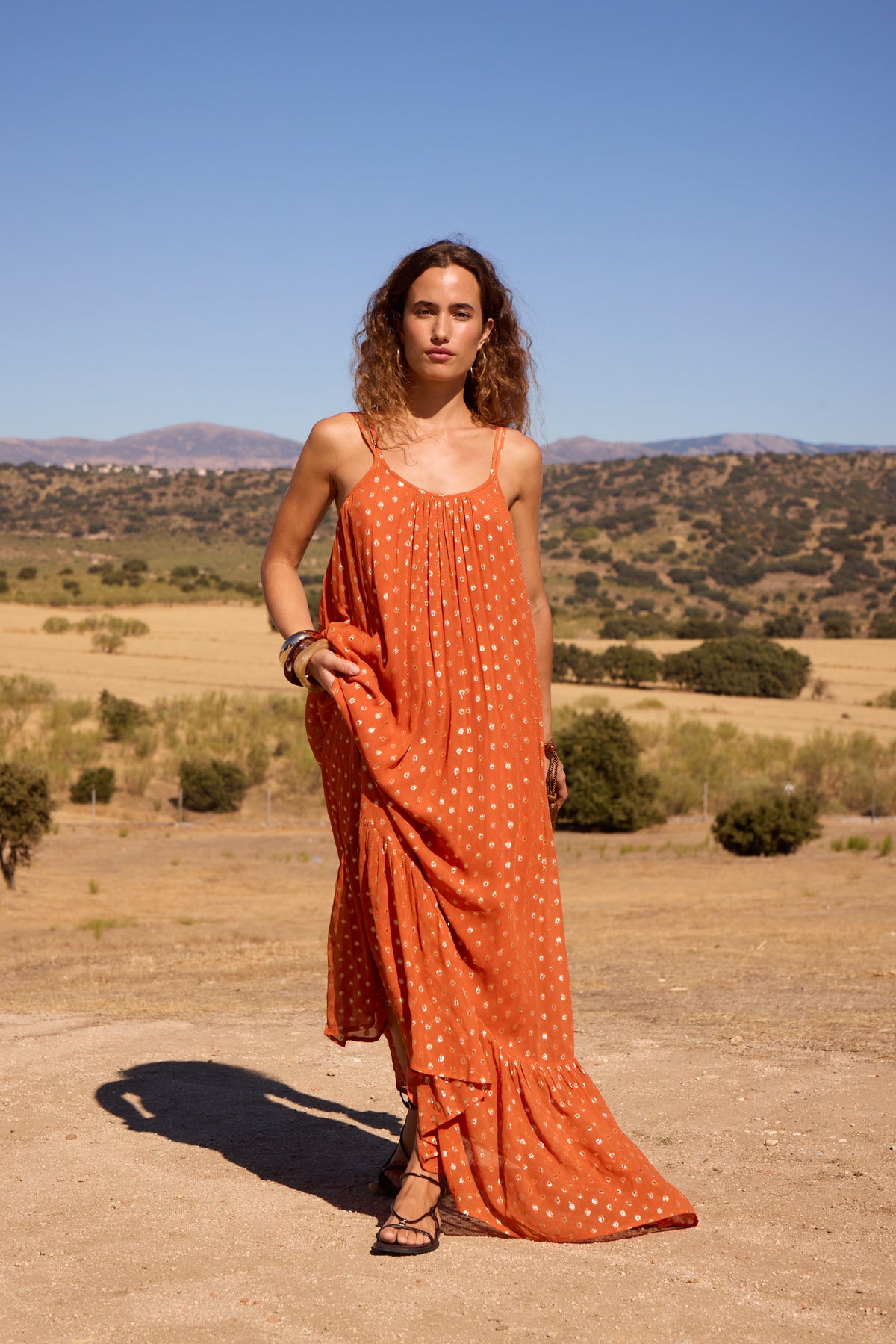 SONORA - Vestido largo lurex naranja