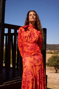 FIORELLA ORANGE - Vestido halter tul elástico manga desmontable