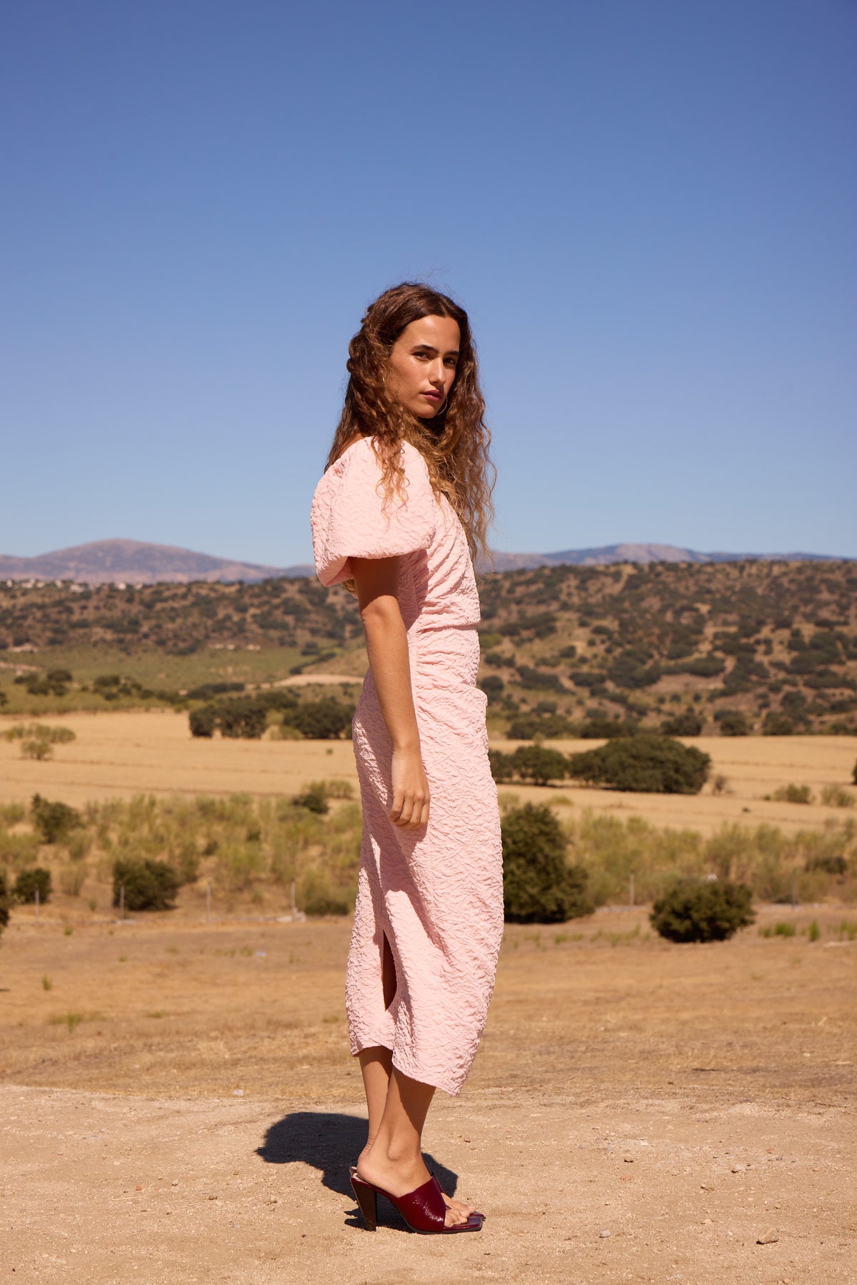 DONATELLA PINK - Vestido manga farol damasco rosa palo