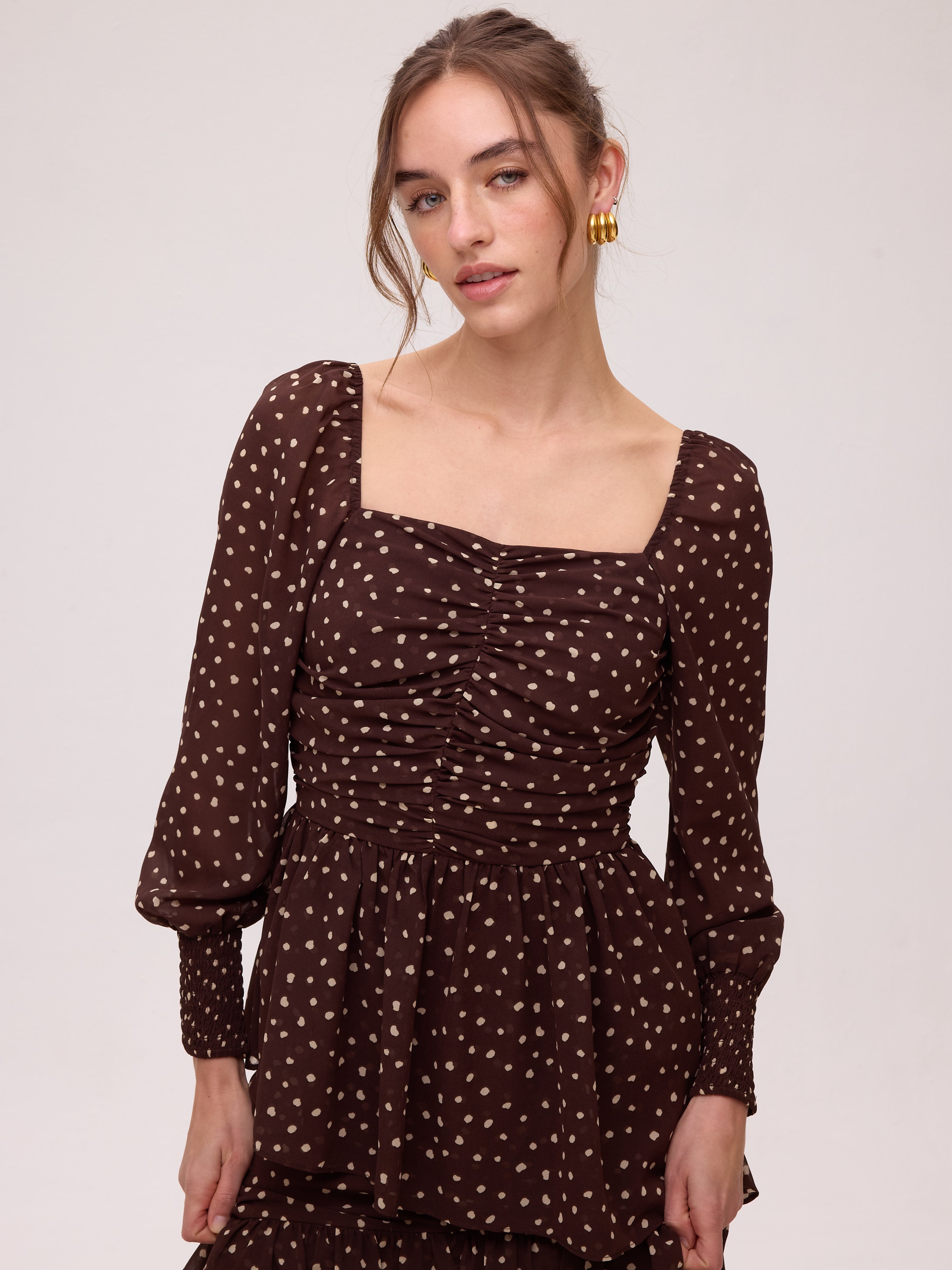 LUCE DOTS - Vestido de volantes lunares marrón