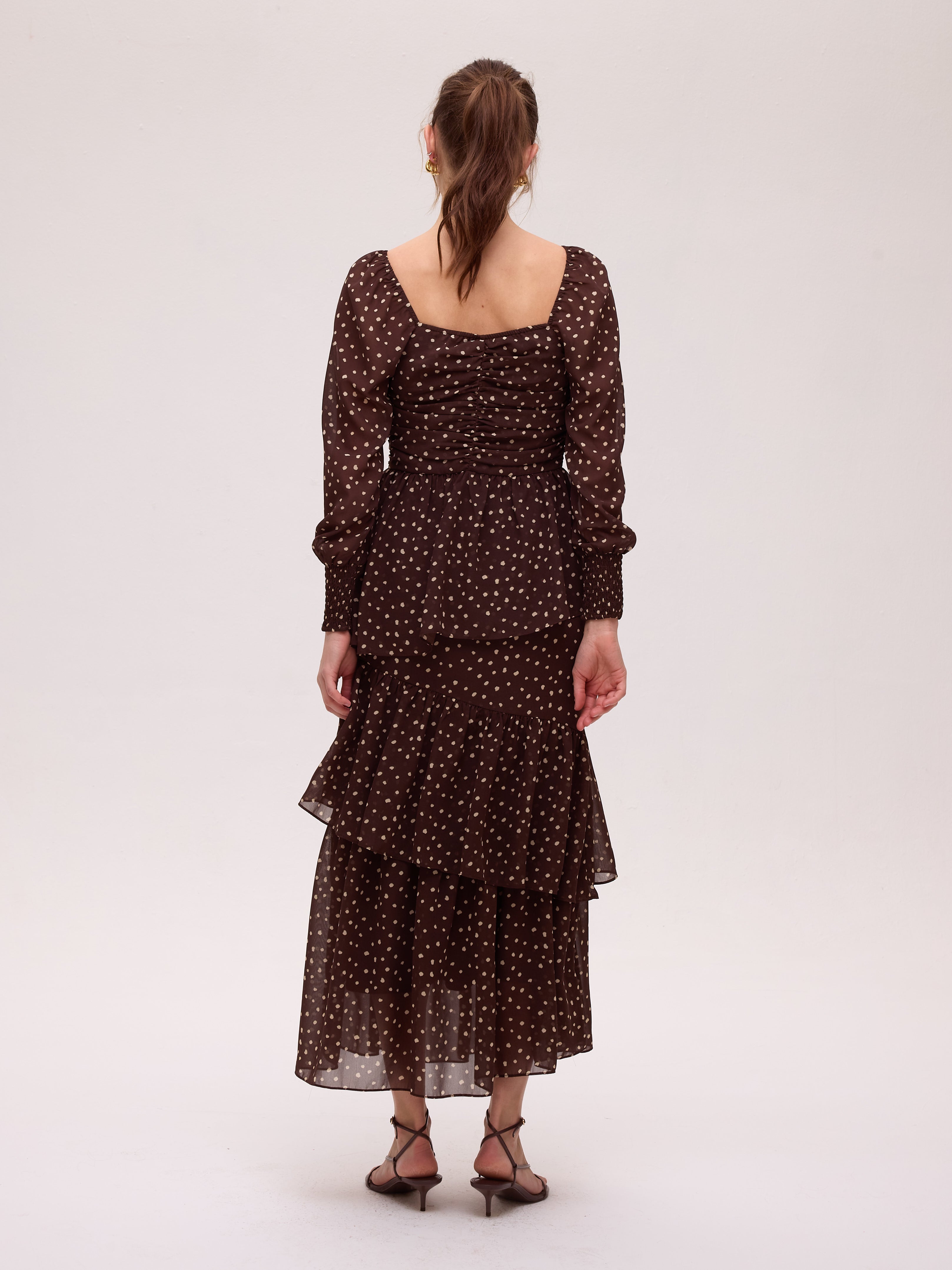 LUCE DOTS - Vestido de volantes lunares marrón