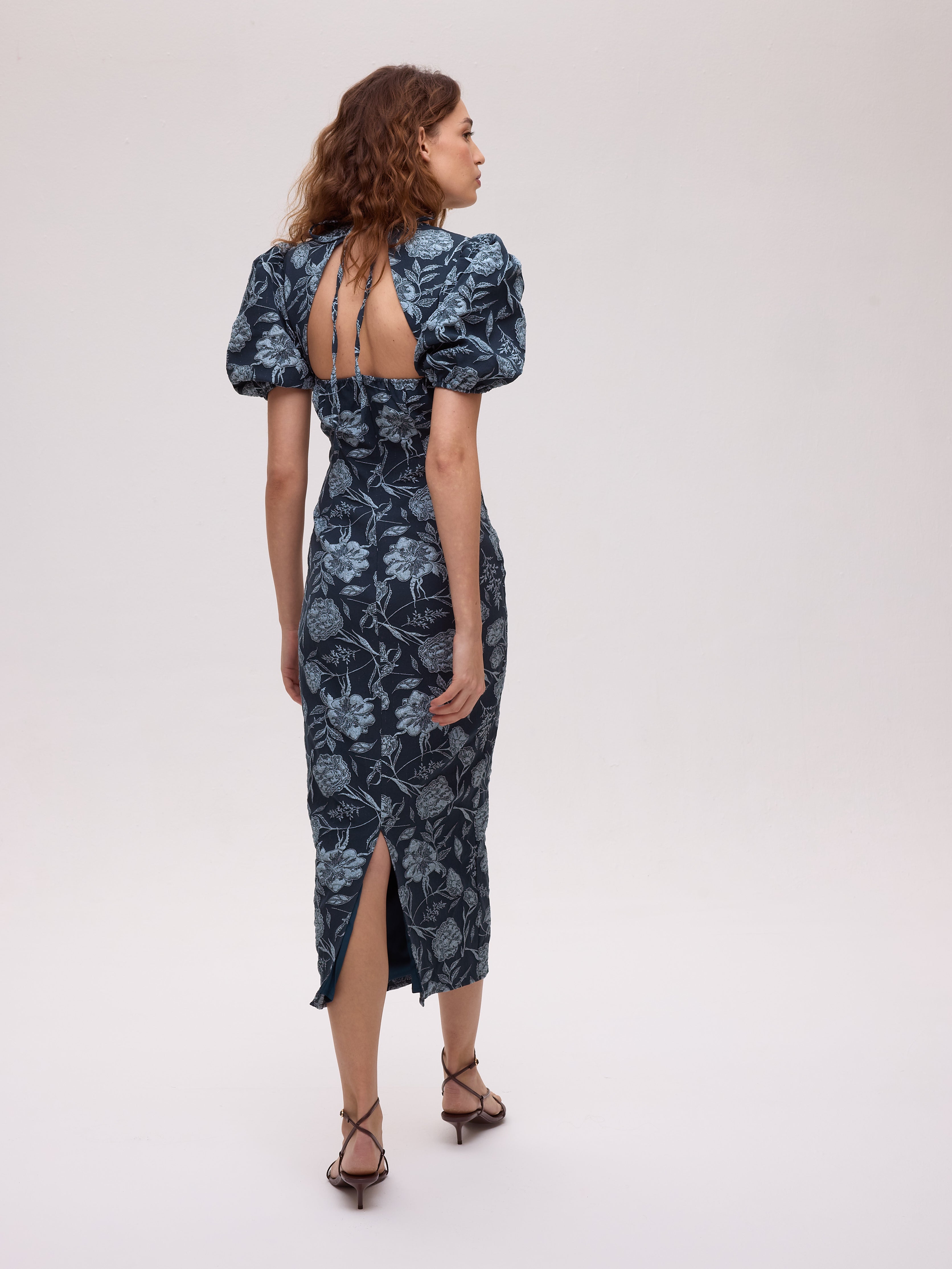 FIORE TEAL - Vestido brocado flores escote espalda