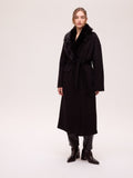 TUBE BLACK - Long black wool coat with faux fur collar