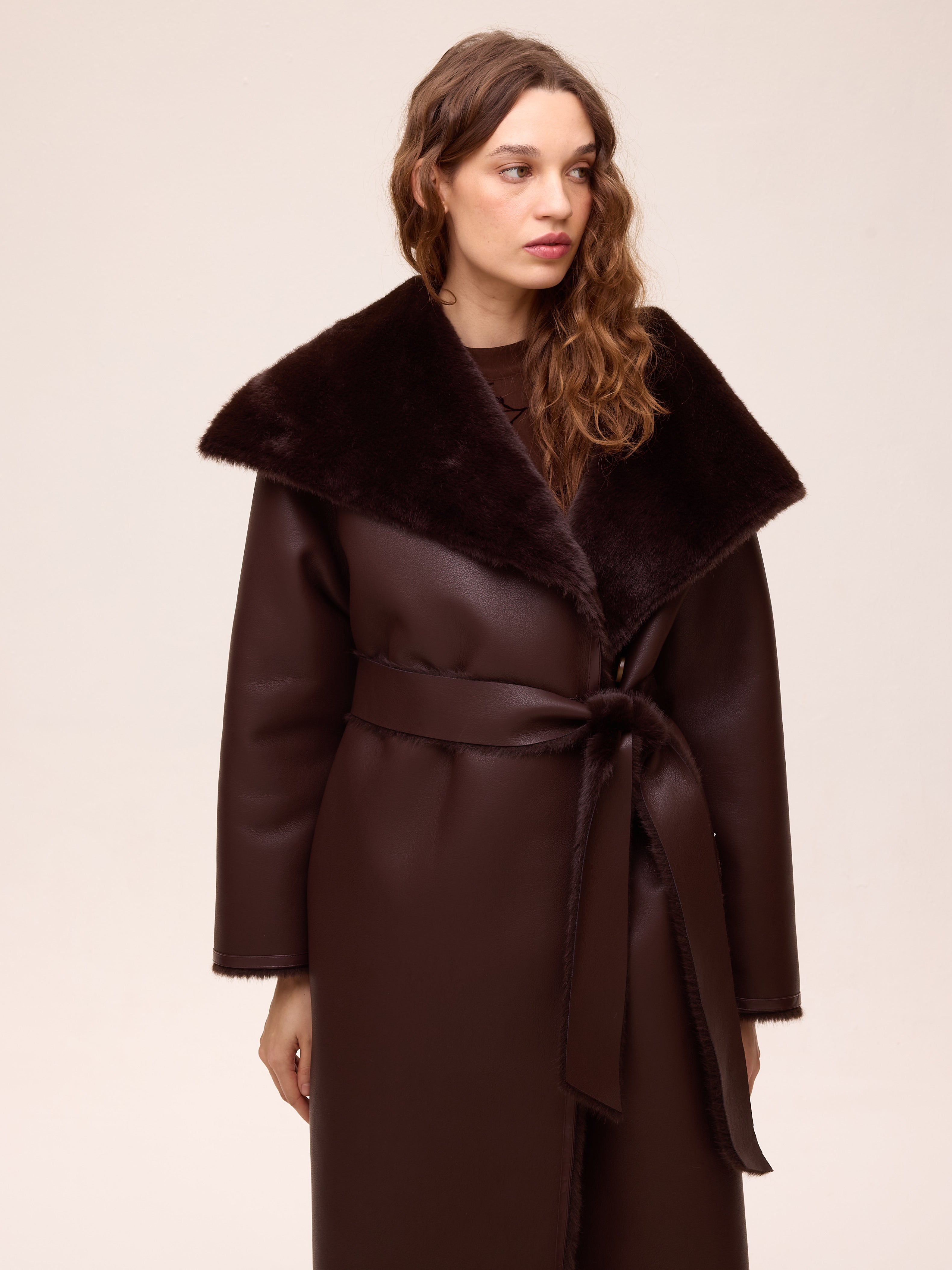 FACTORY LEATHER - Abrigo largo reversible ecopiel - Marrón