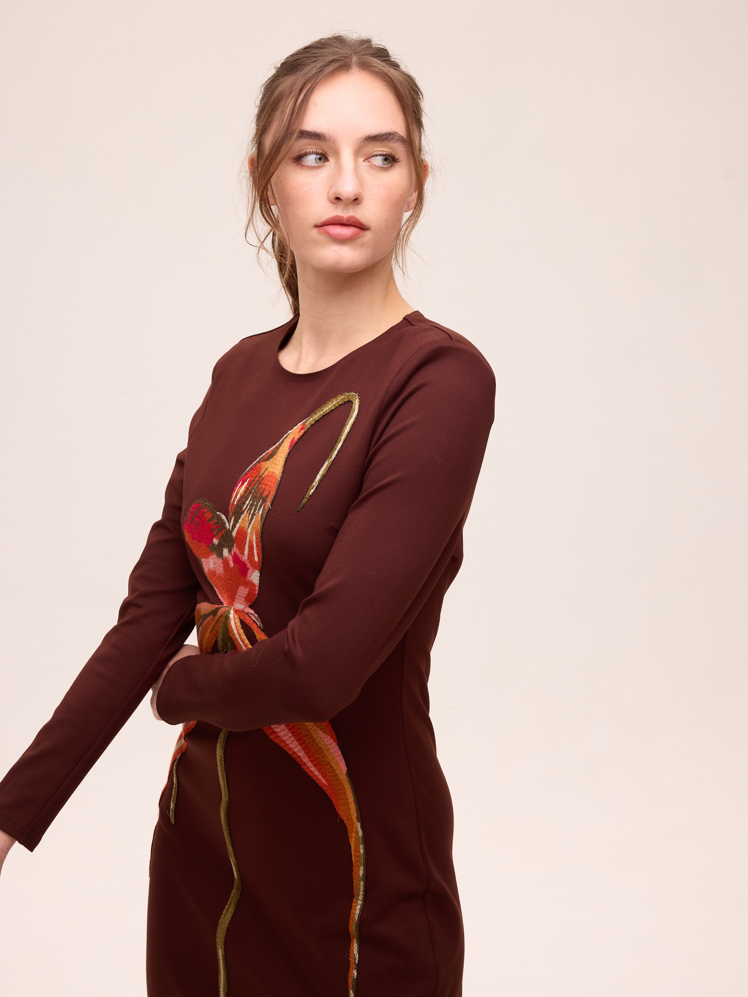 SIROCCO - Vestido bordado maxi flor  marrón