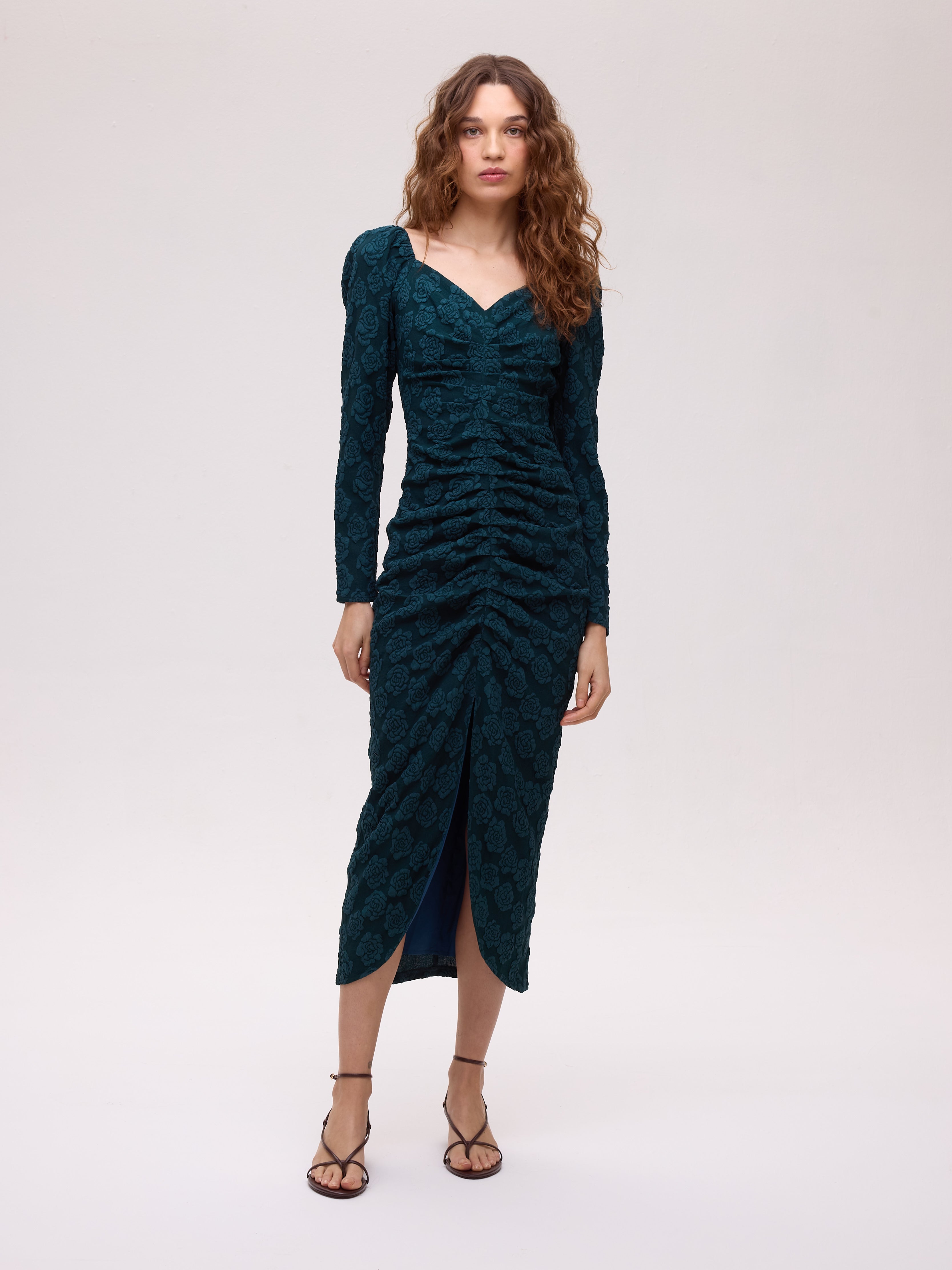 CLOUD - Vestido midi damasco flores . Verde azulado