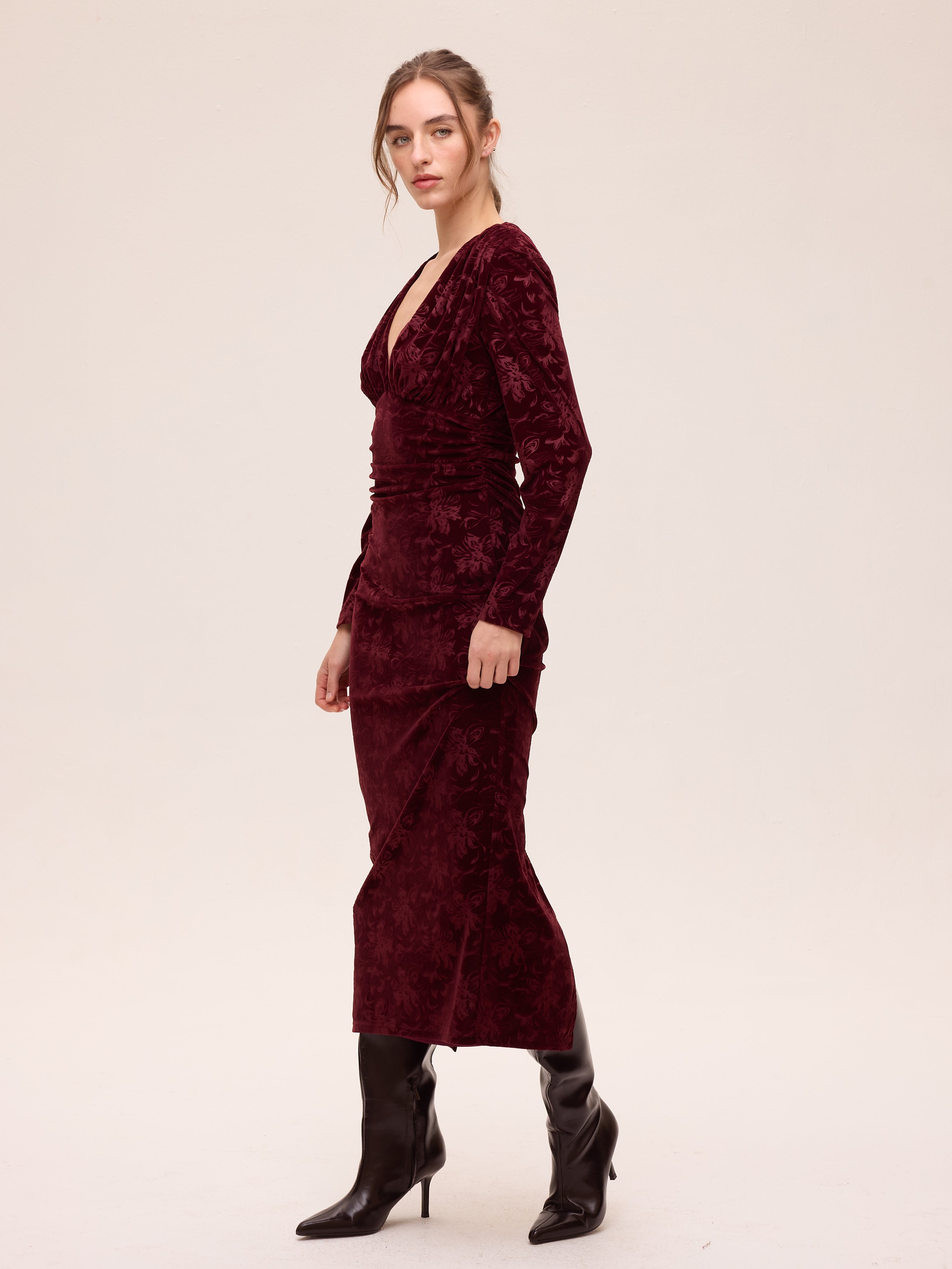 FROST GRANA - Vestido terciopelo motivo floral granate