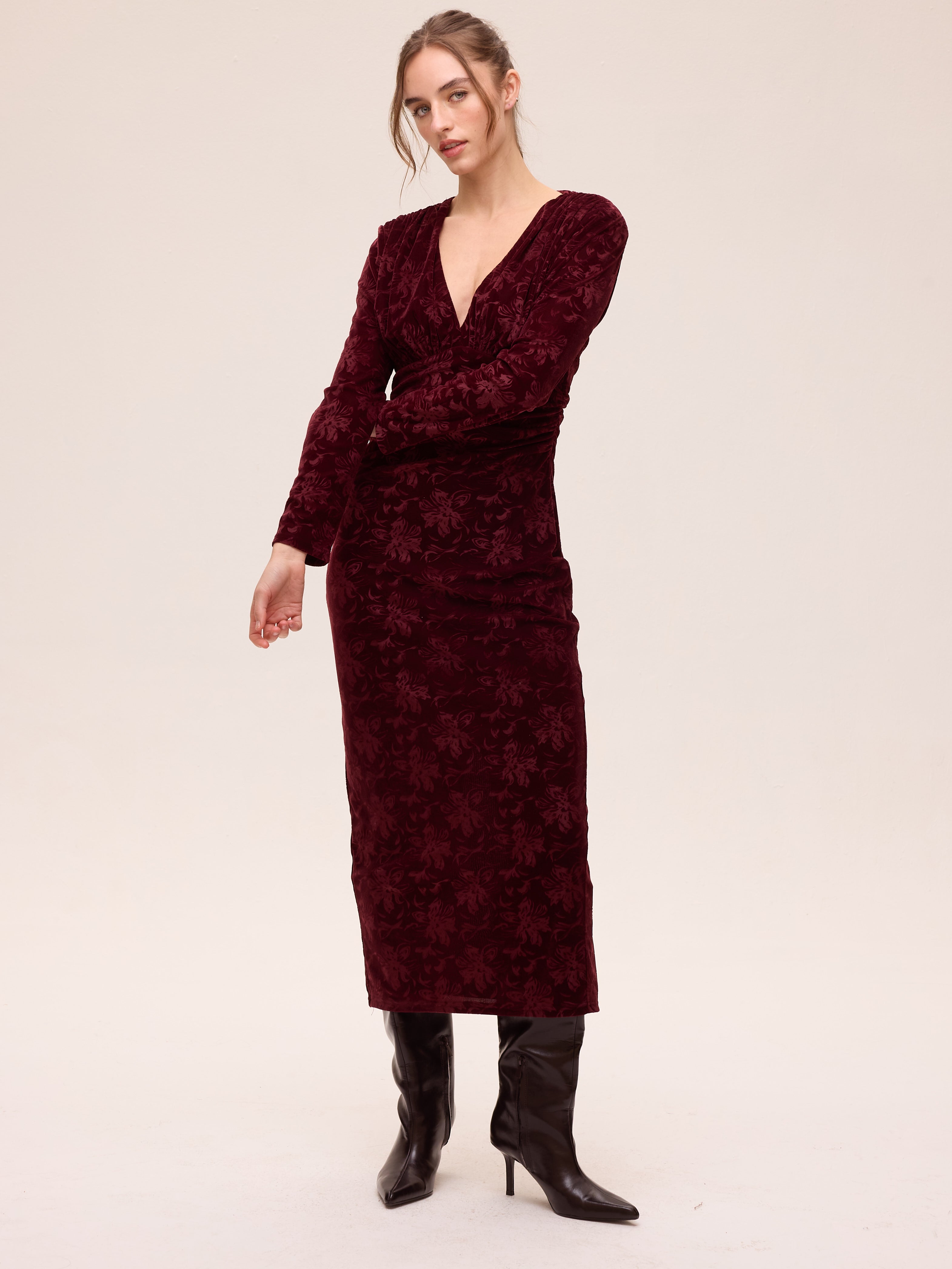 FROST GRANA - Burgundy Floral Pattern Velvet Dress