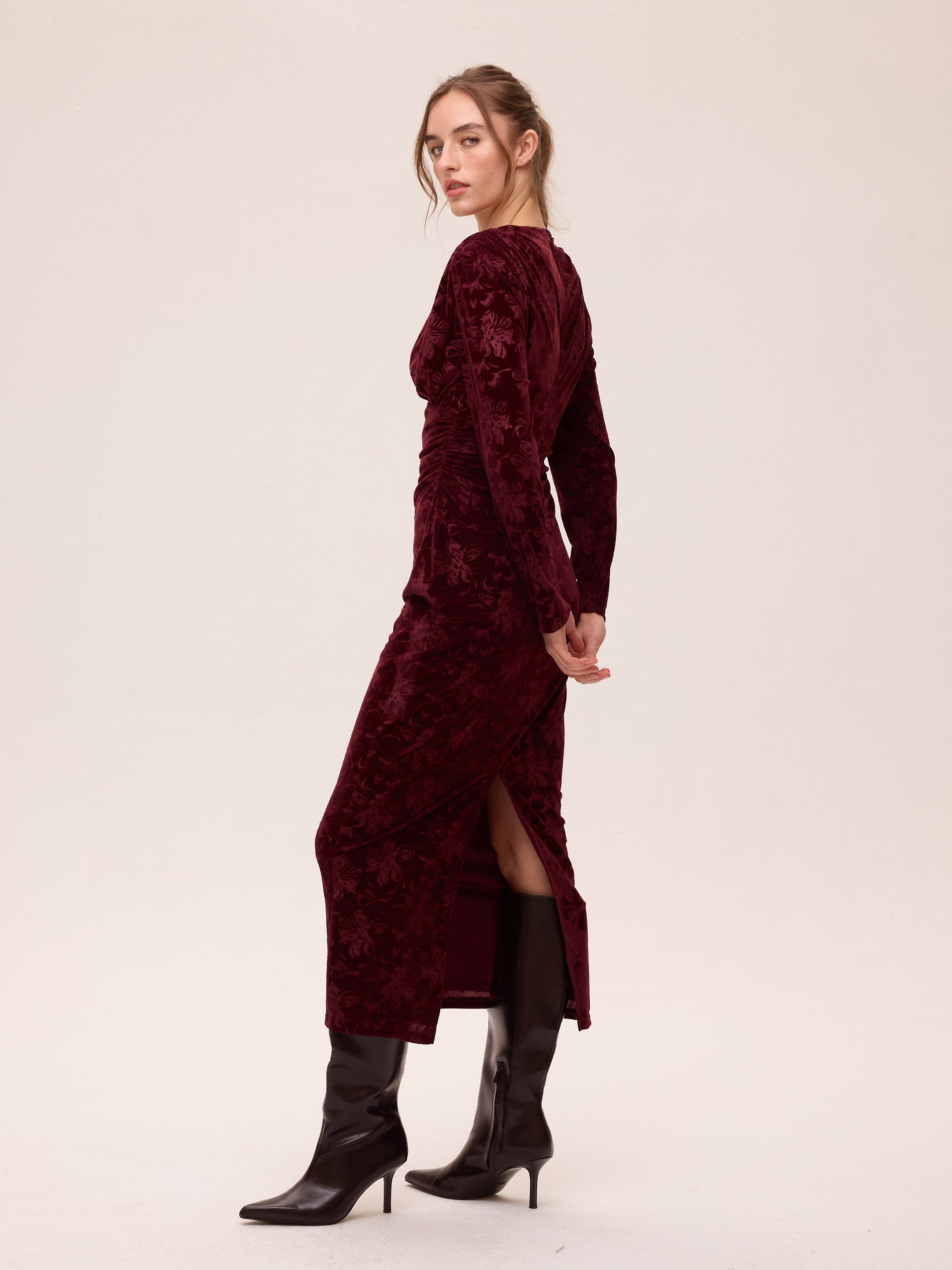 FROST GRANA - Burgundy Floral Pattern Velvet Dress