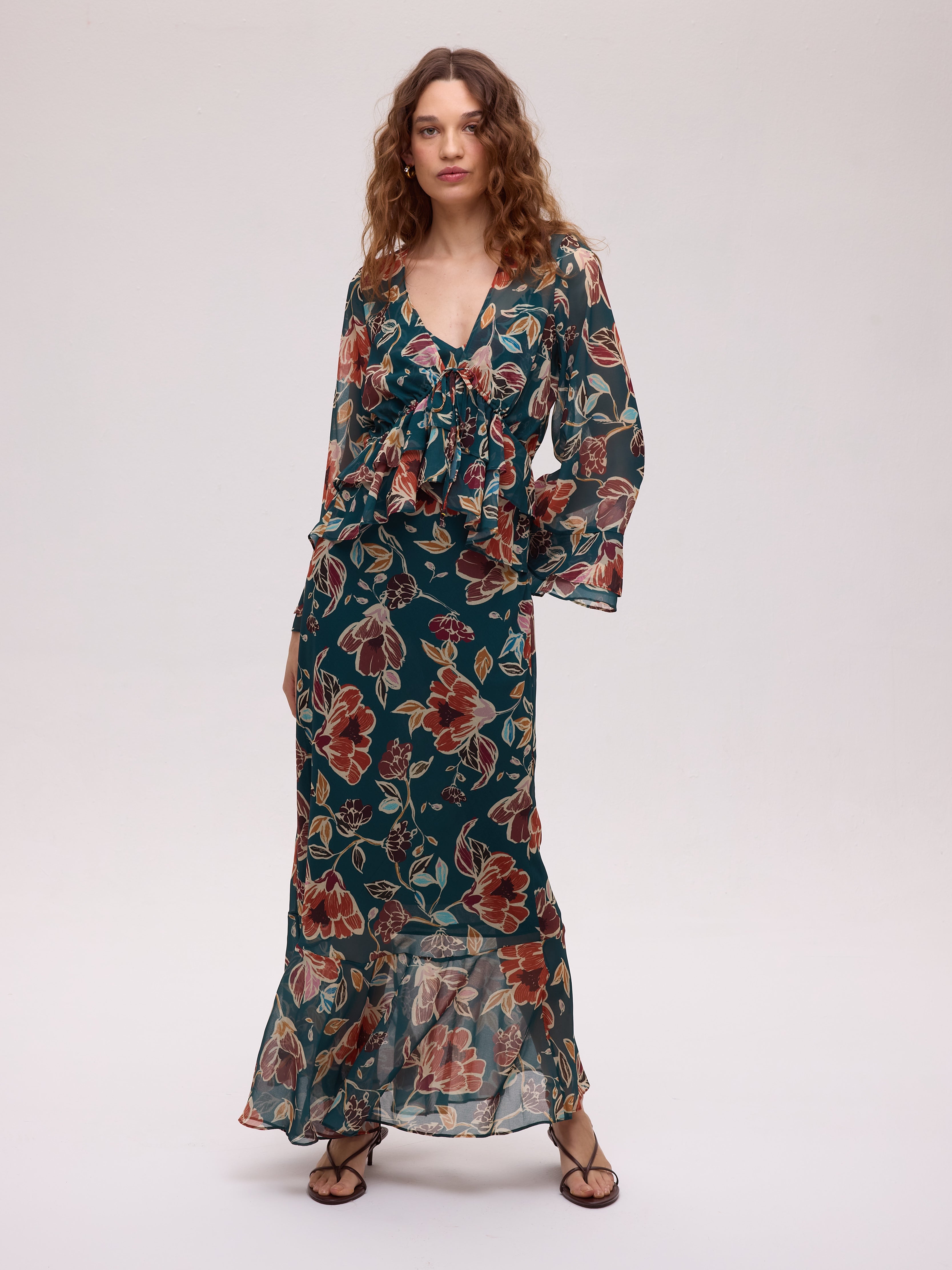 GRAZIA FLOWERS TOP - Top estampado floral volantes manga larga