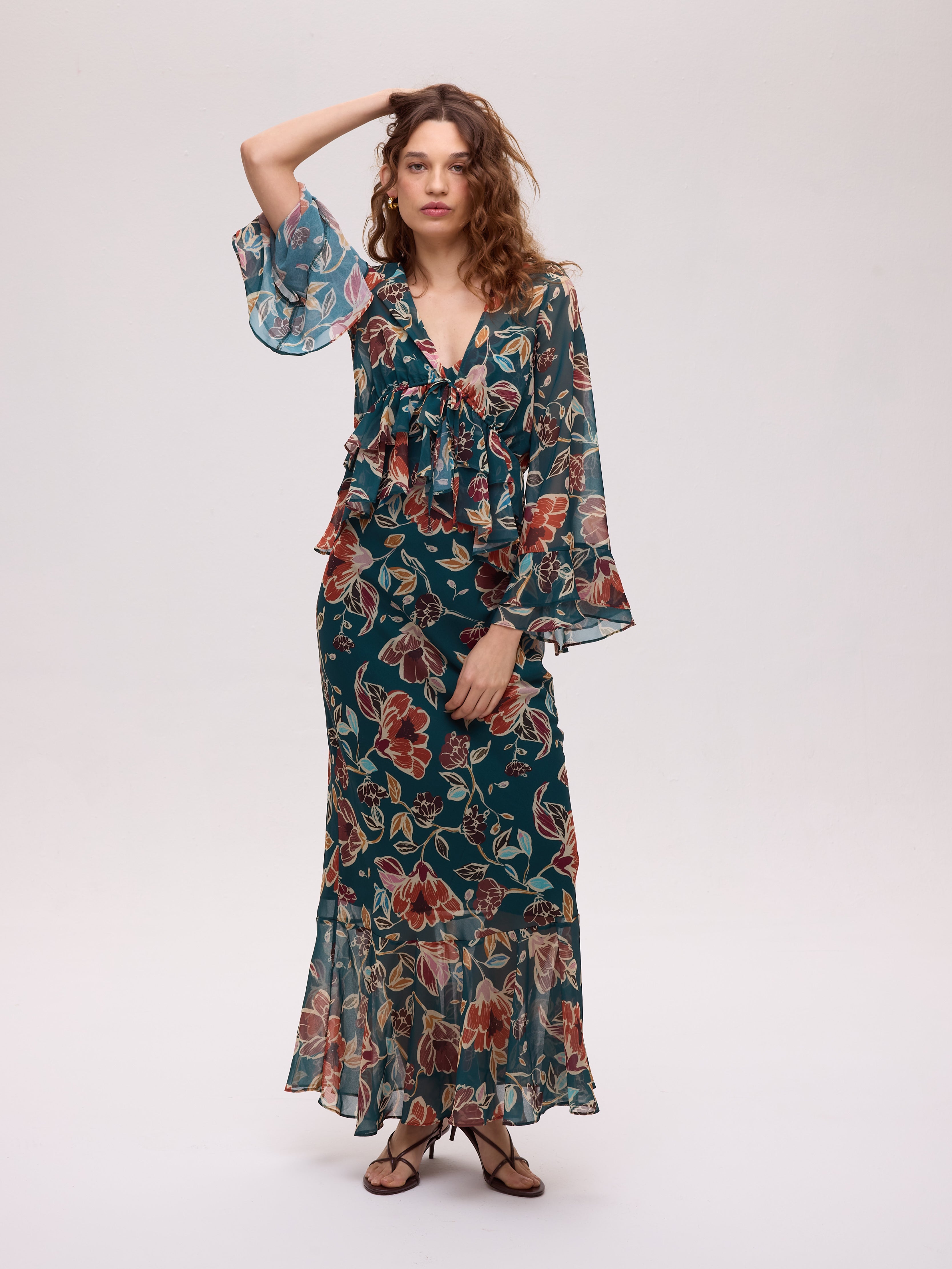 GRAZIA FLOWERS TOP - Top estampado floral volantes manga larga