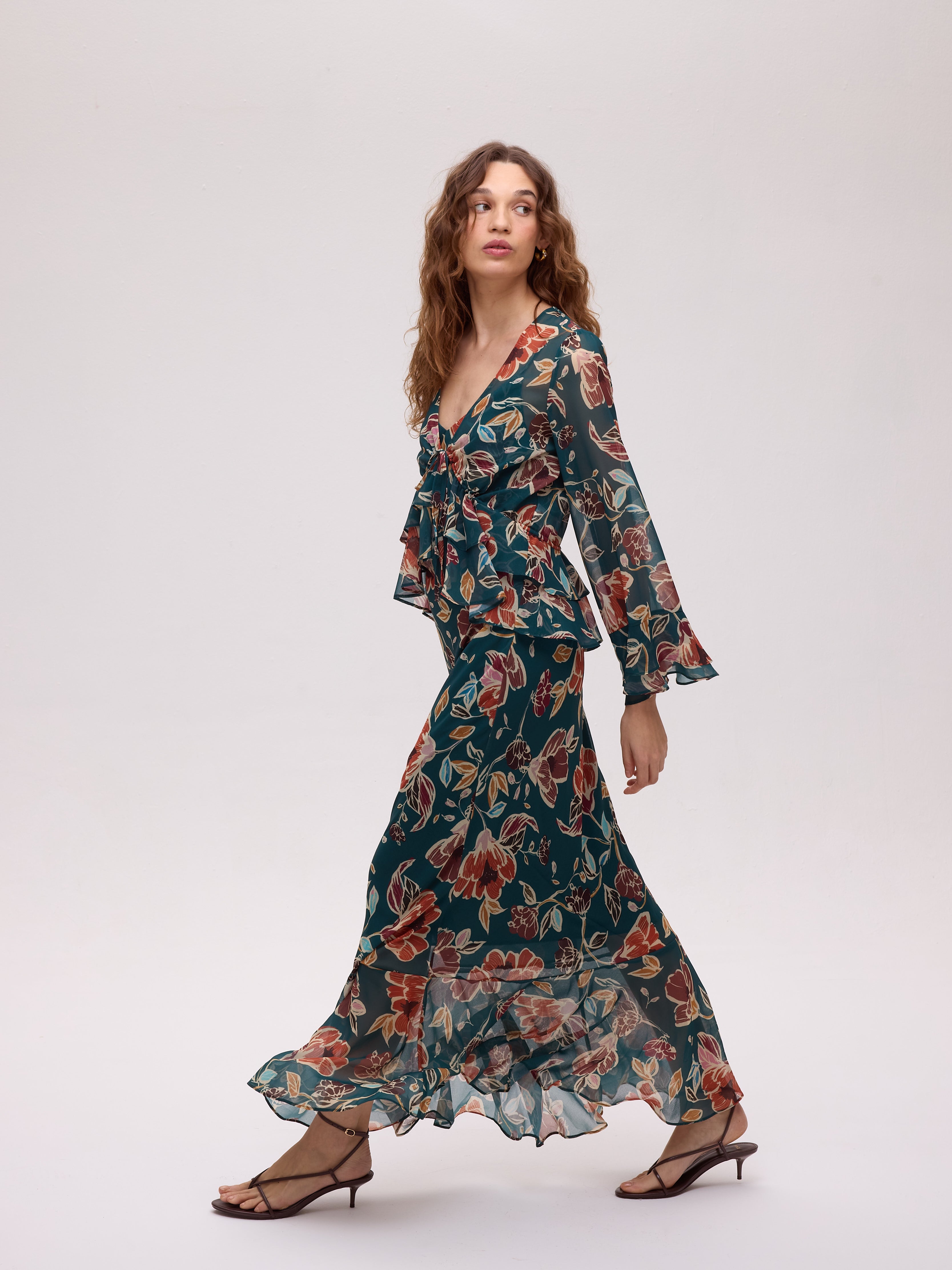 GRAZIA FLOWERS TOP - Top estampado floral volantes manga larga