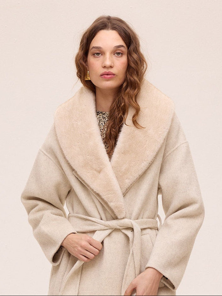 CANVAS BEIGE - Abrigo largo de lana con cuello faux fur
