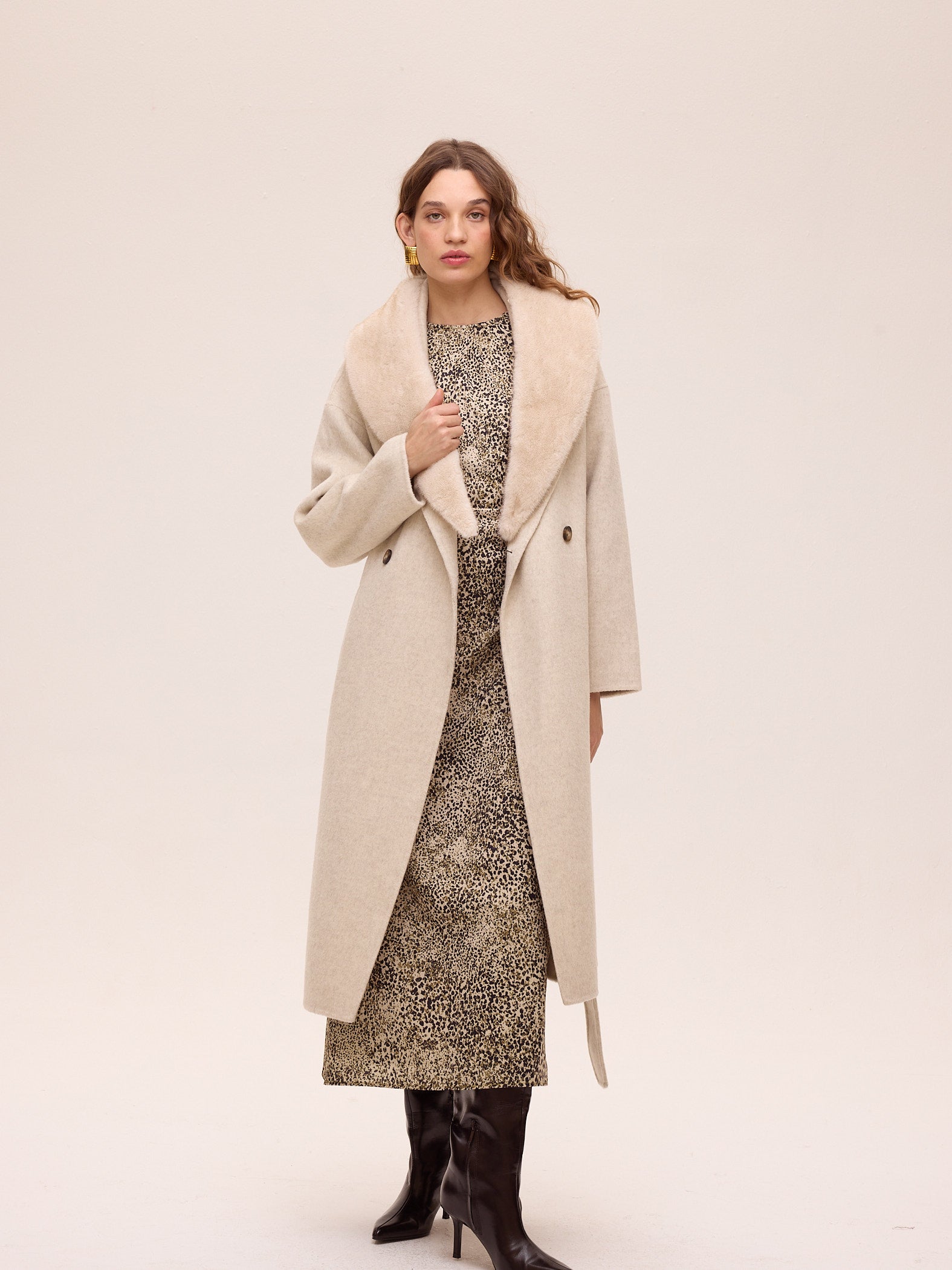 CANVAS BEIGE - Abrigo largo de lana con cuello faux fur