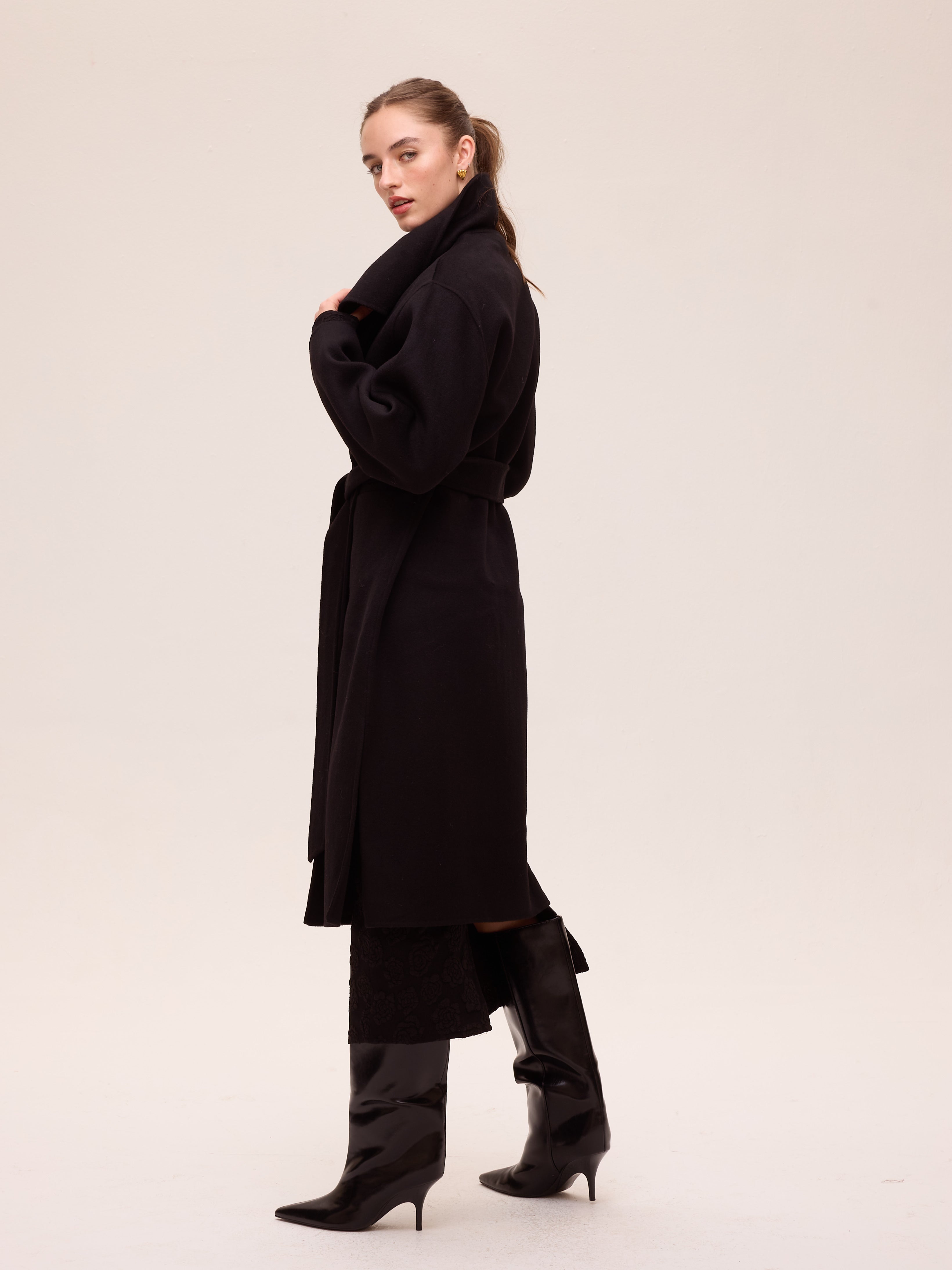 FACTORY BLACK - Abrigo largo lana paño negro