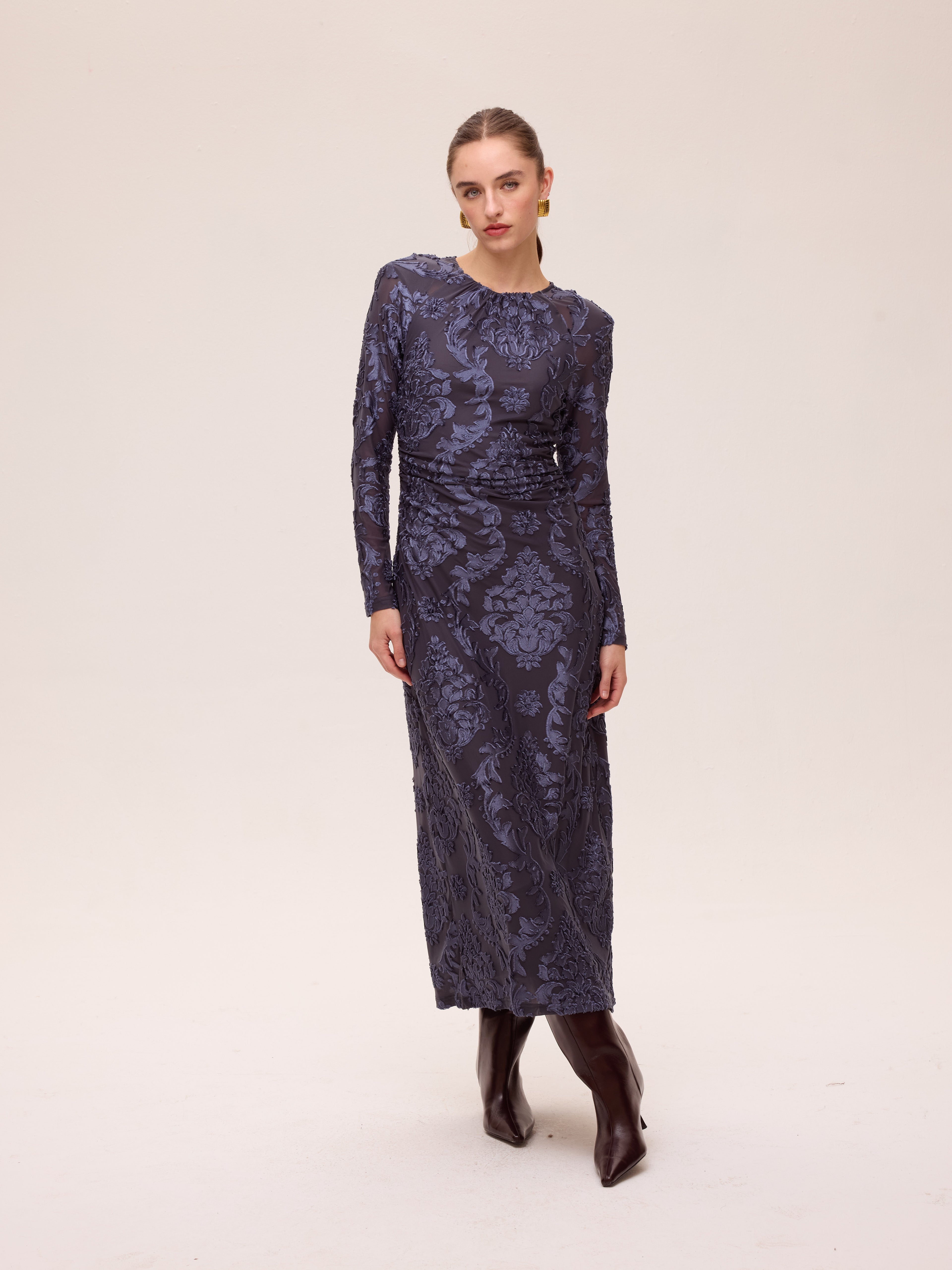 DAWN VELVET - Vestido terciopelo dibujo damasco azul