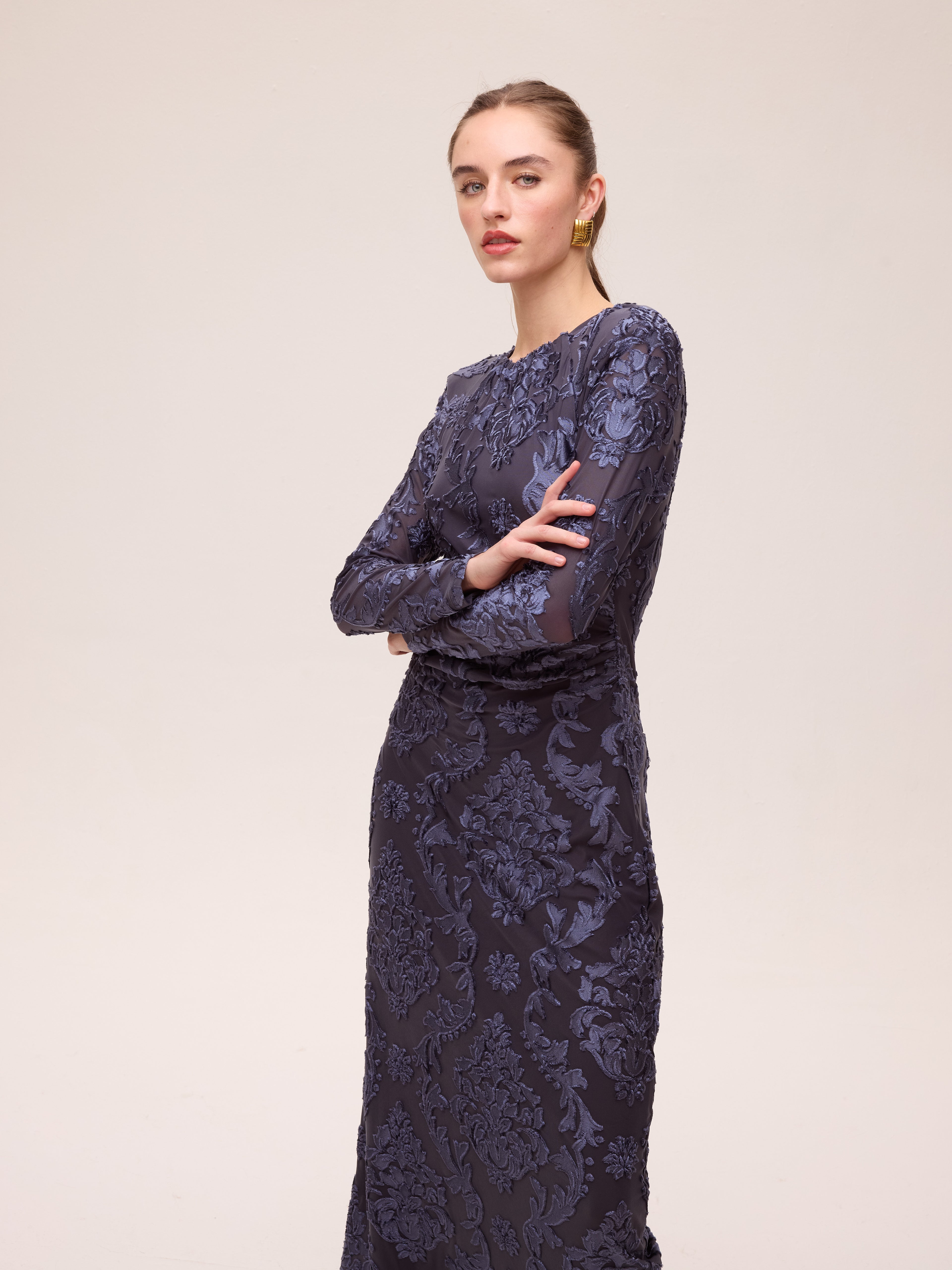 DAWN VELVET - Vestido terciopelo dibujo damasco azul