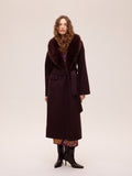 TUBE GRANA - Abrigo largo de lana granate con cuello faux fur