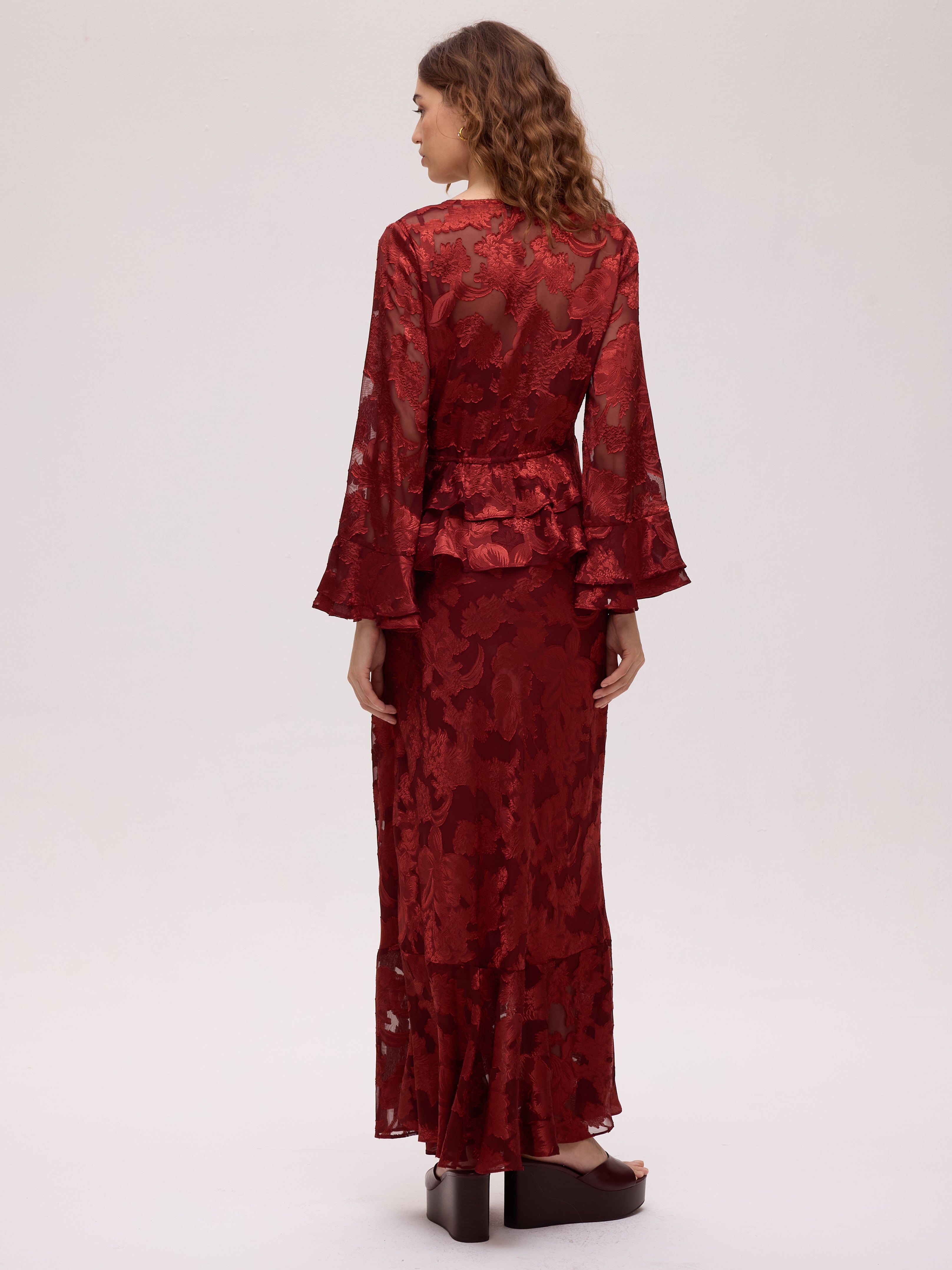 GRAZIA WINE TOP - Long-sleeved ruffled jacquard top