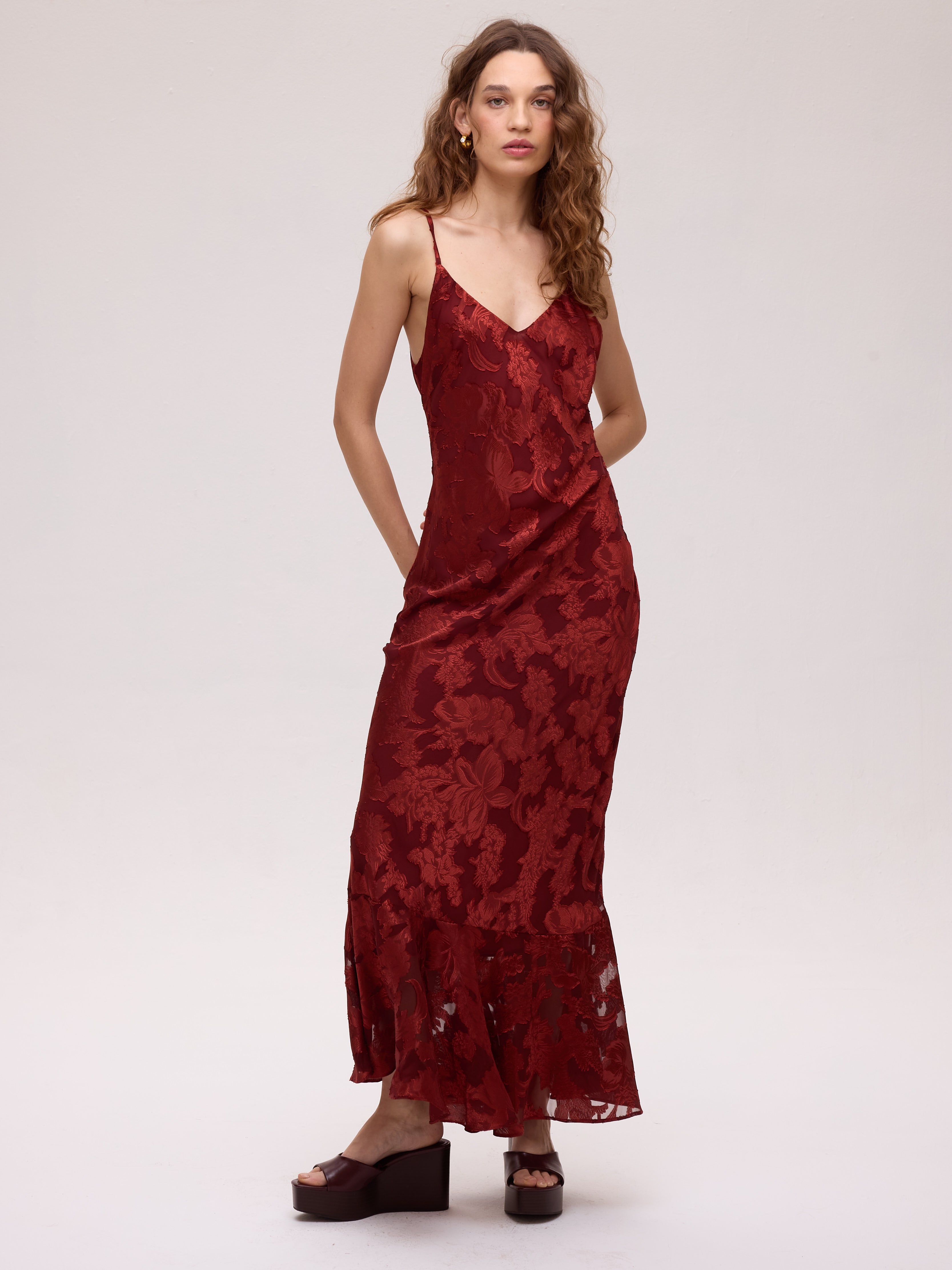 GRAZIA WINE DRESS - Vestido lencero jacquard de tirantes