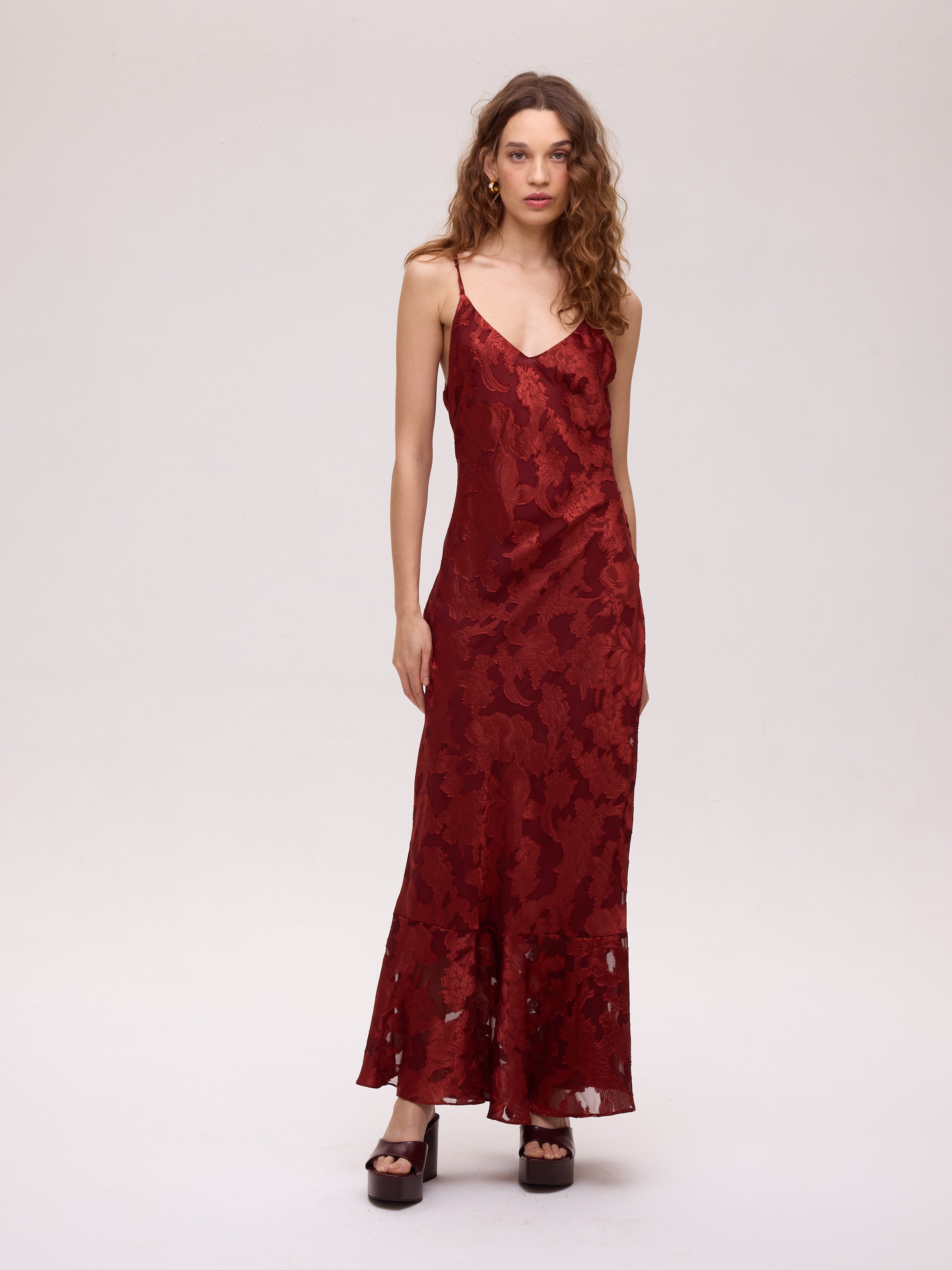 GRAZIA WINE DRESS - Vestido lencero jacquard de tirantes