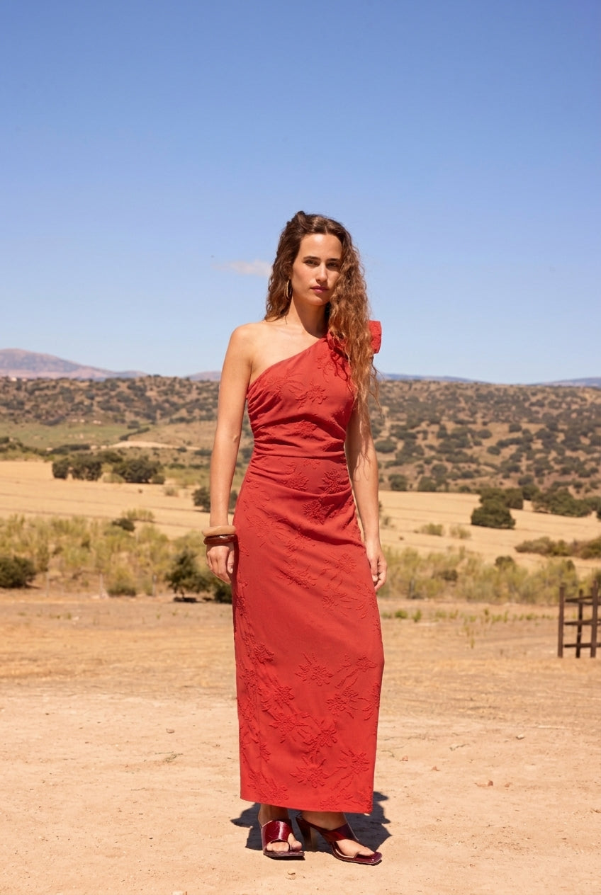 VALENTINA ORANGE - Vestido asimétrico jacquard detalle hombro