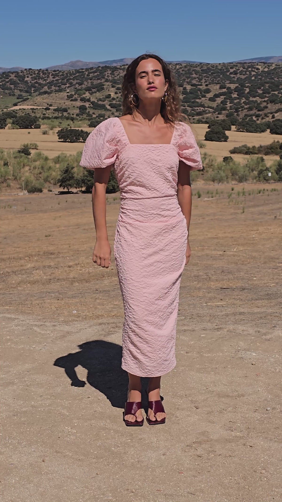 DONATELLA PINK - Vestido manga farol damasco rosa palo
